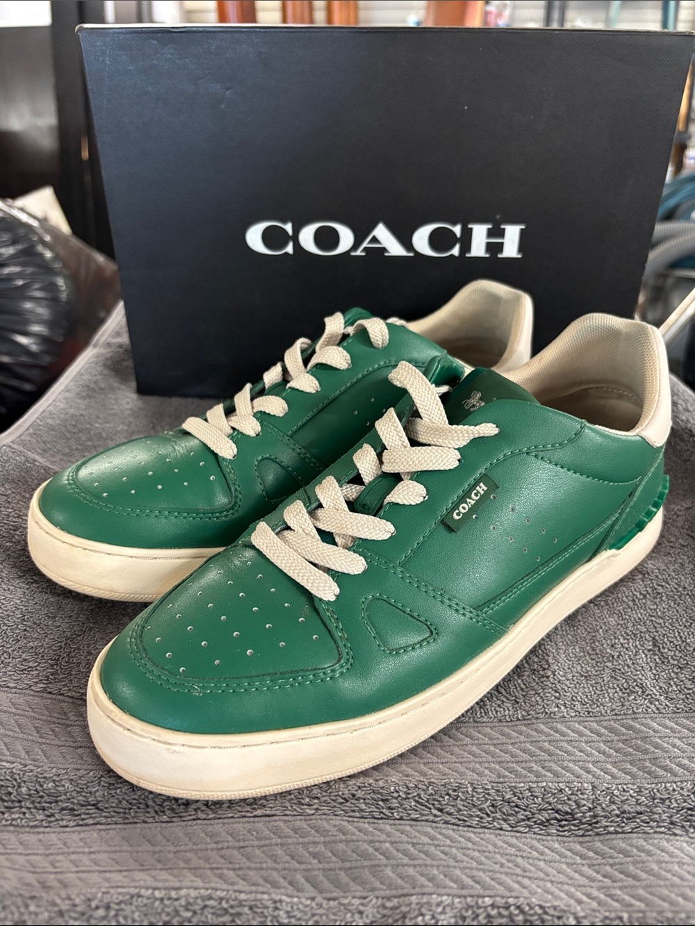 COACH Green Leather Low-Top Sneakers with Cream Accents